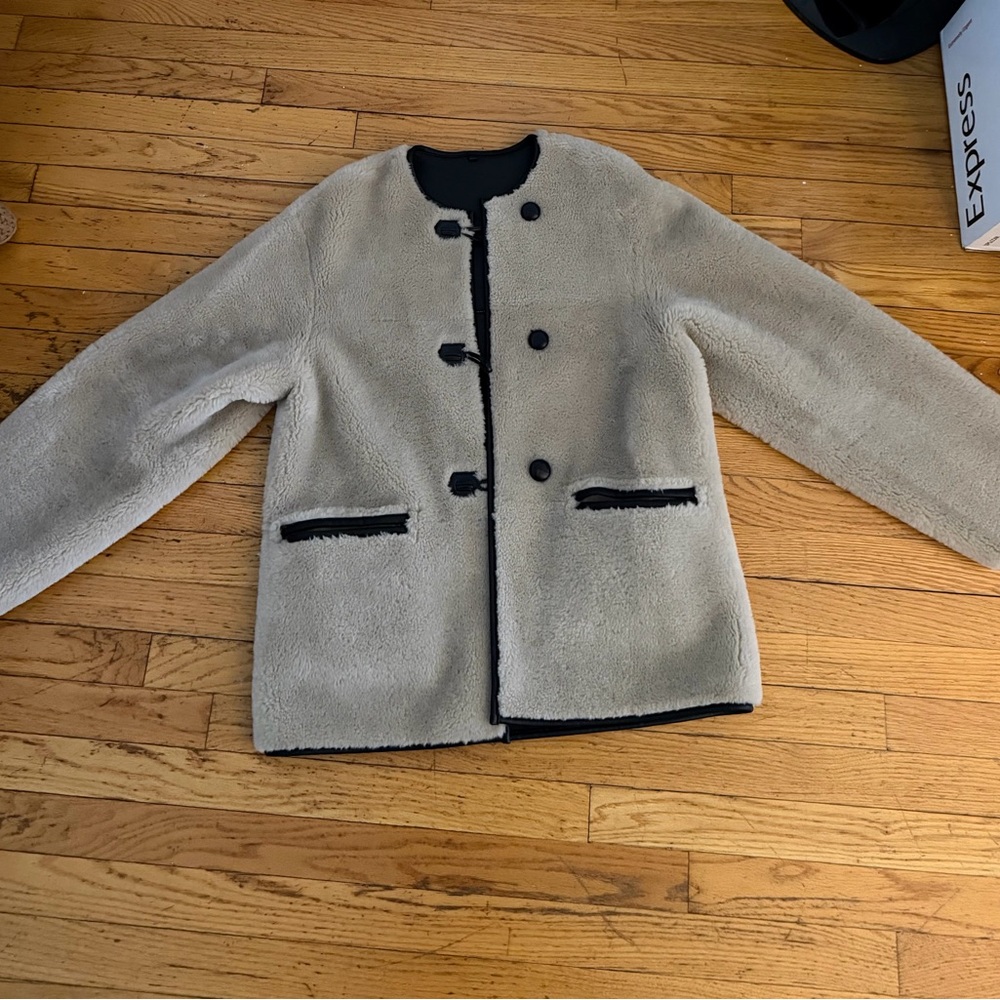 Mango Cream Teddy Jacket with Black Trim